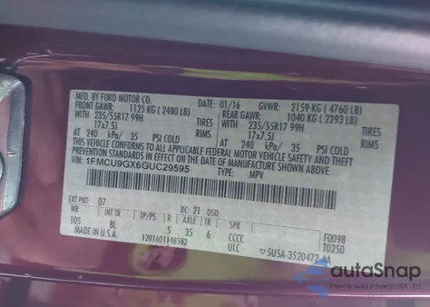 2016 Ford Escape Se z USA, uszkodzony, nr VIN 1FMCU9GX6GUC29595